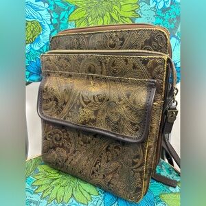 Y2K Brown Faux‎ Leather Paisley Crossbody Boho Buckle Strap Bag 31.5" X 8" X 3"